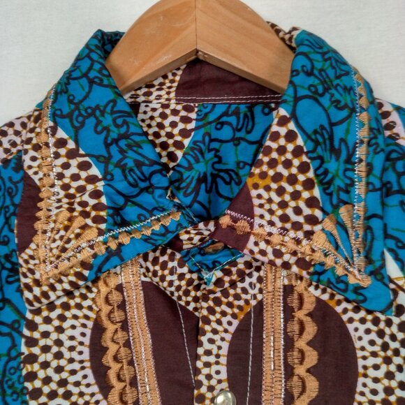 Handmade African Print Shirt Men XL Blue Tribal Mandala Fruit Snap Embroidered - Picture 7 of 16